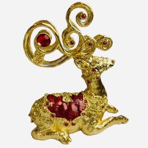 Vintage Dillard’s Elegant Gold and Red Pewter Jeweled Reindeer Figurine